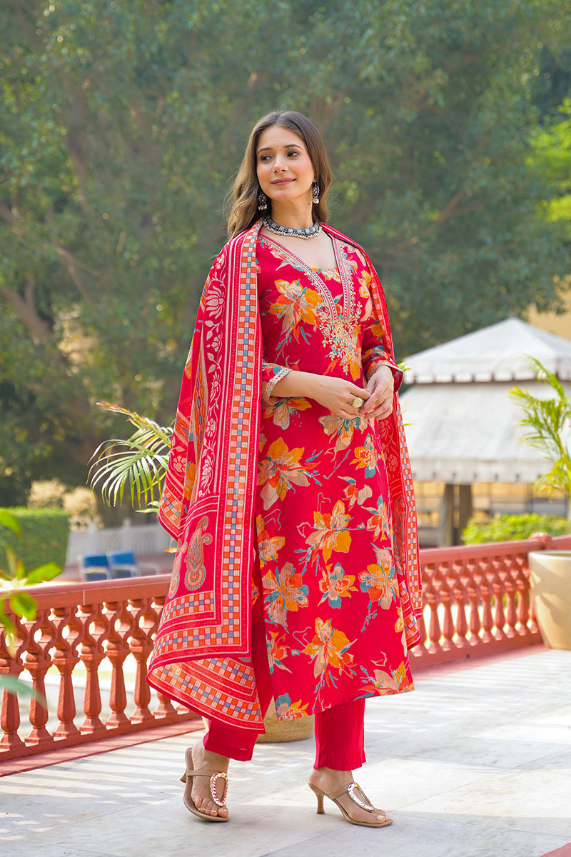 red viscose floral printed straight kurta trousers with dupatta pkskd3159