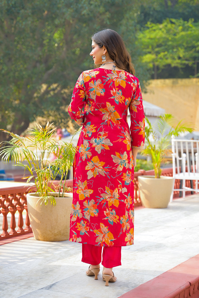 red viscose floral printed straight kurta trousers with dupatta pkskd3159