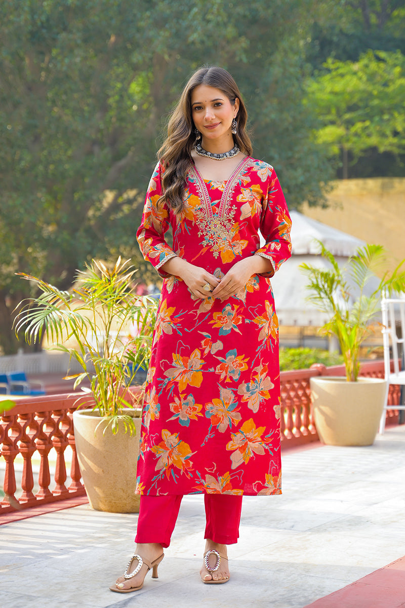 red viscose floral printed straight kurta trousers with dupatta pkskd3159