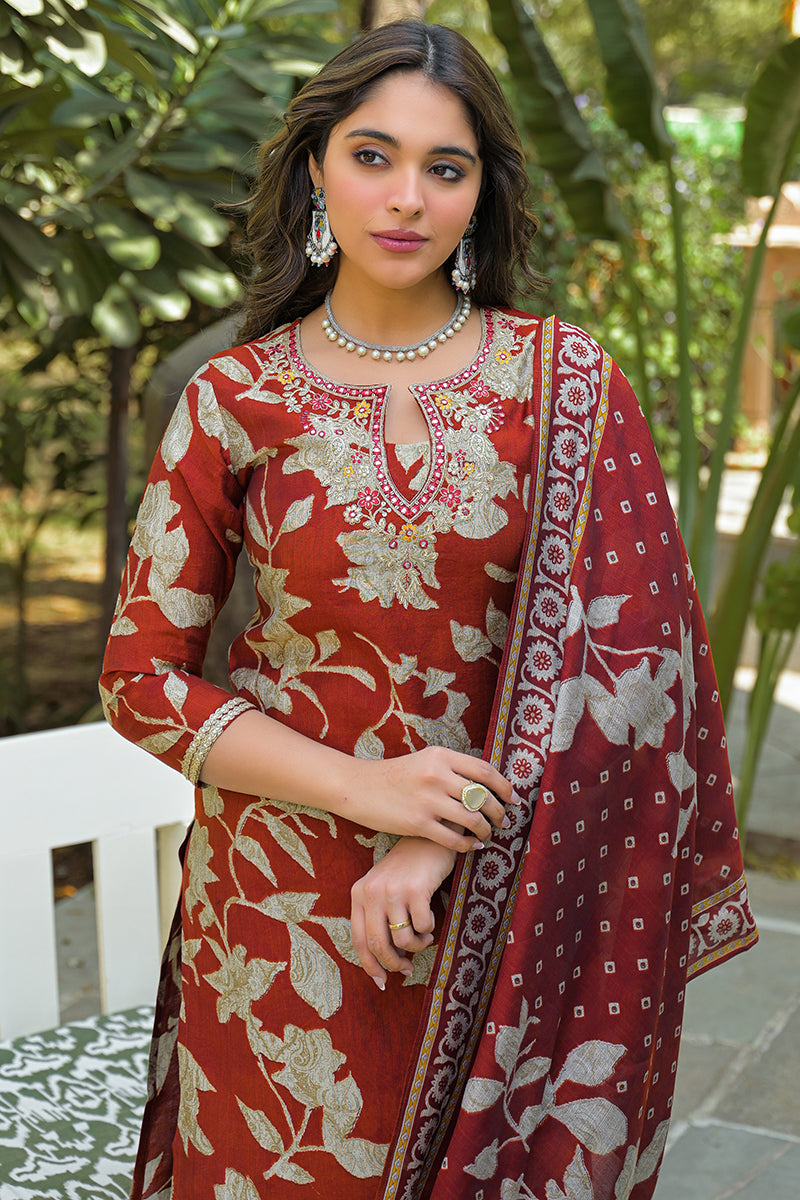 brown viscose rayon embroidered straight kurta trousers with dupatta