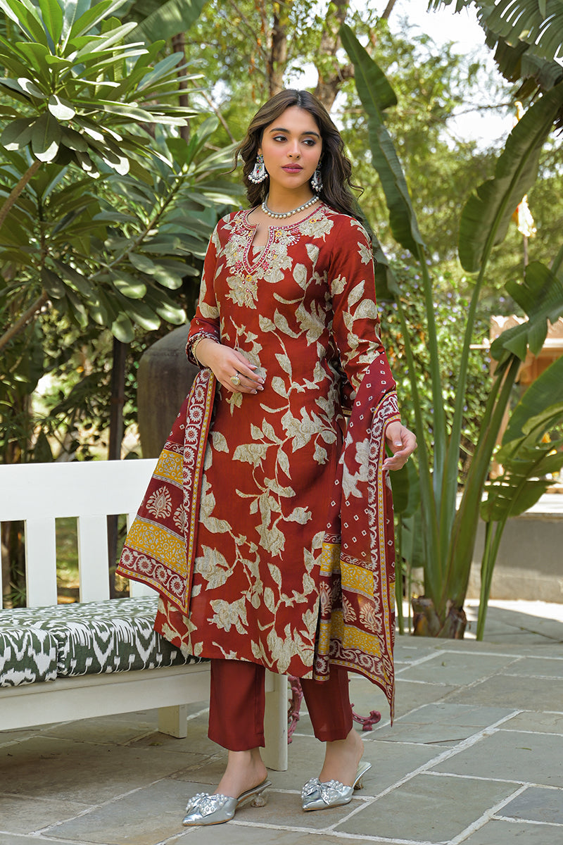 brown viscose rayon embroidered straight kurta trousers with dupatta
