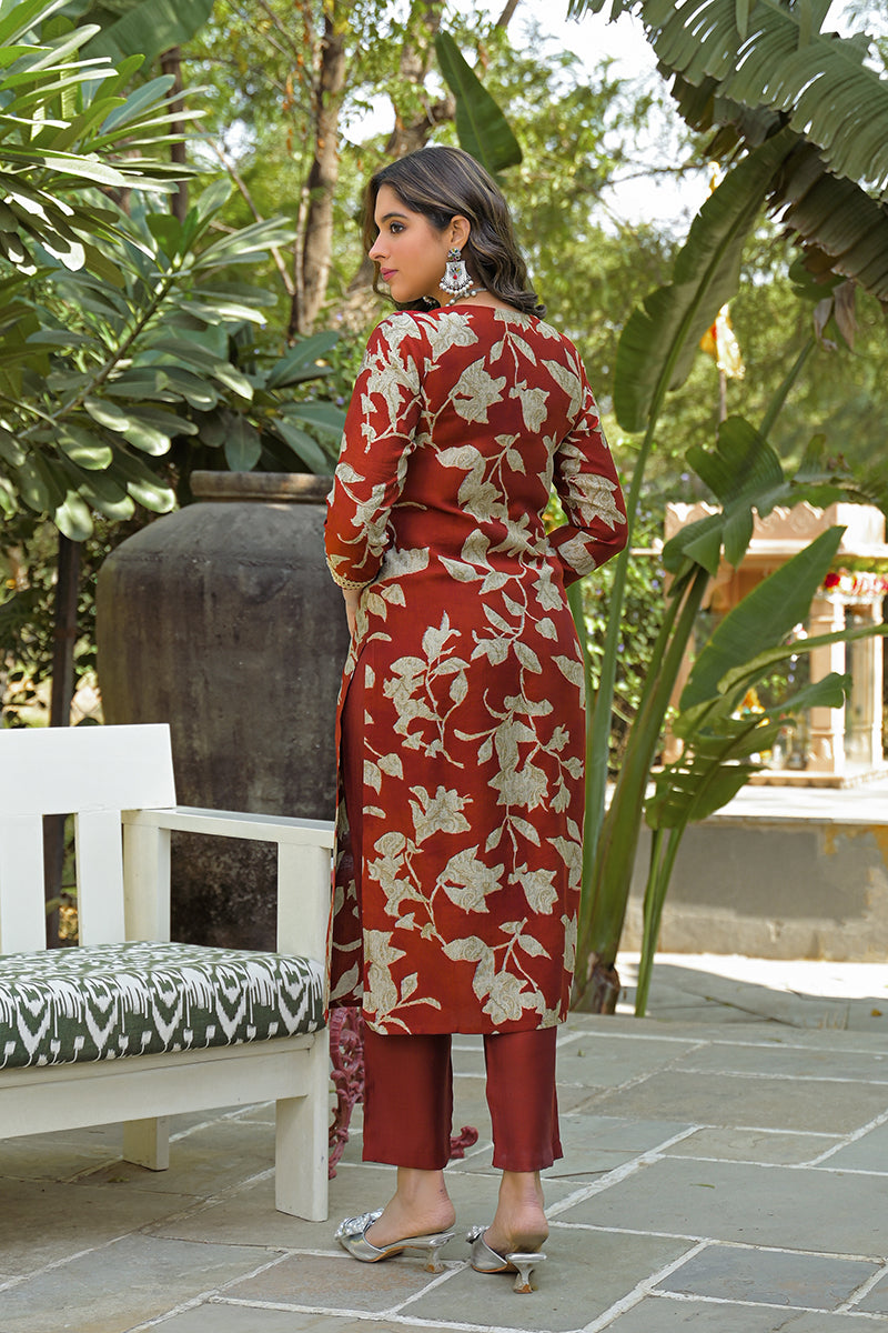 brown viscose rayon embroidered straight kurta trousers with dupatta