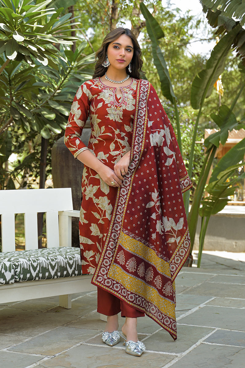 brown viscose rayon embroidered straight kurta trousers with dupatta