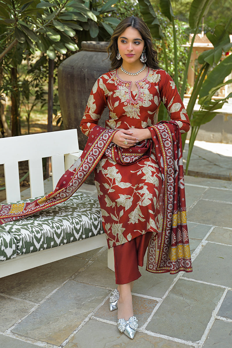 brown viscose rayon embroidered straight kurta trousers with dupatta