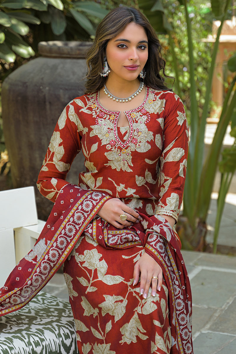 brown viscose rayon embroidered straight kurta trousers with dupatta