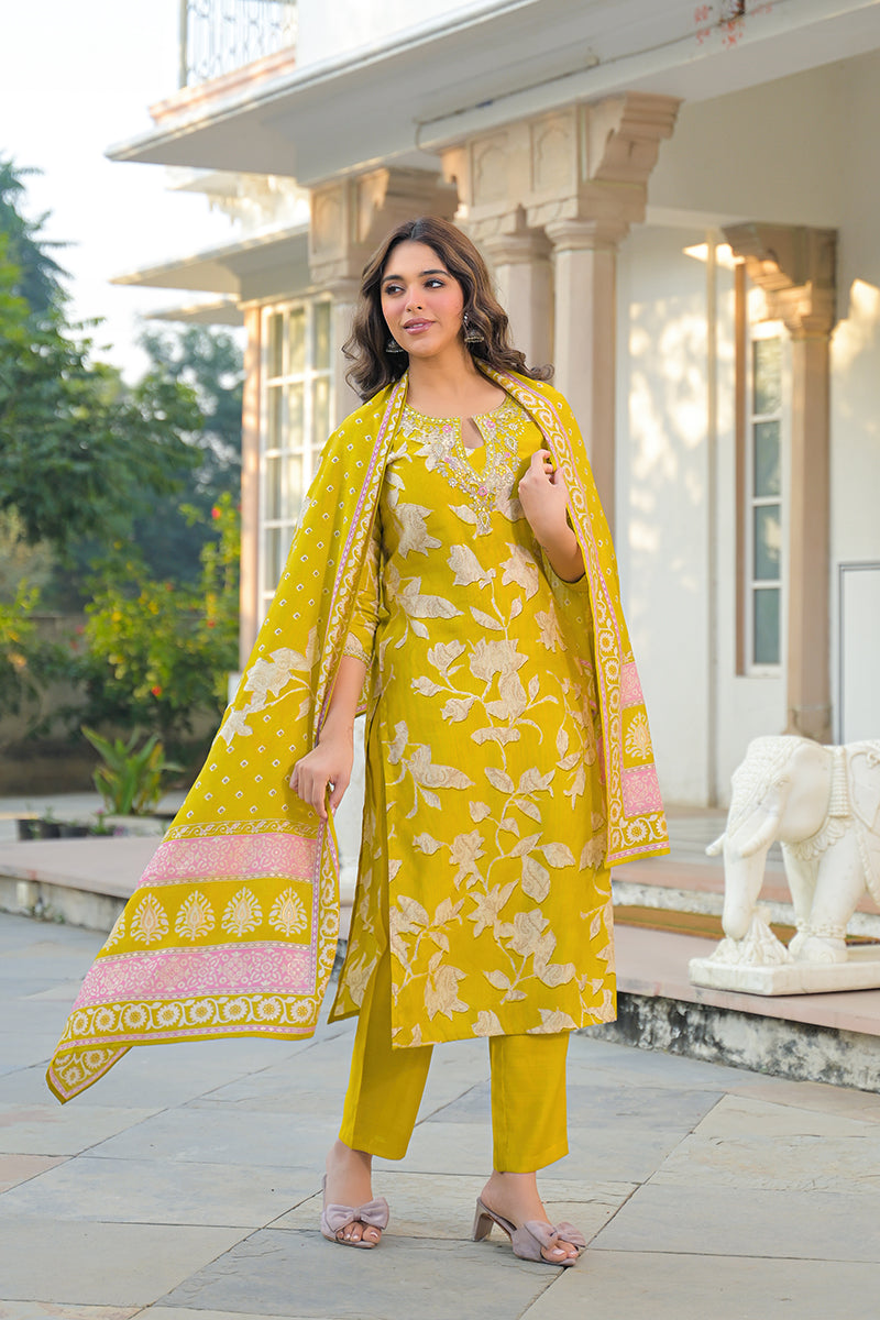 yellow viscose rayon floral printed straight kurta trousers with dupatta