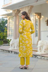 yellow viscose rayon floral printed straight kurta trousers with dupatta