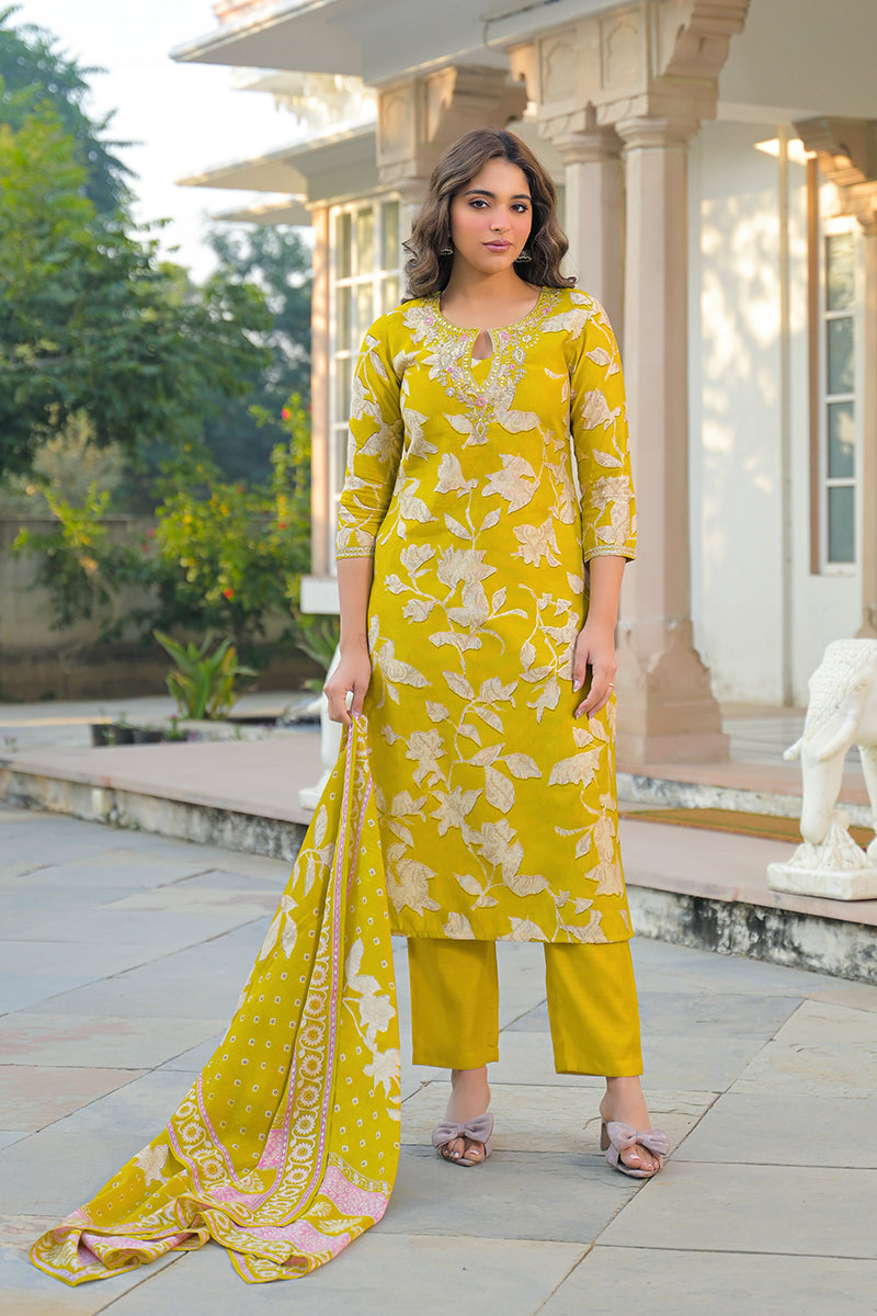 yellow viscose rayon floral printed straight kurta trousers with dupatta