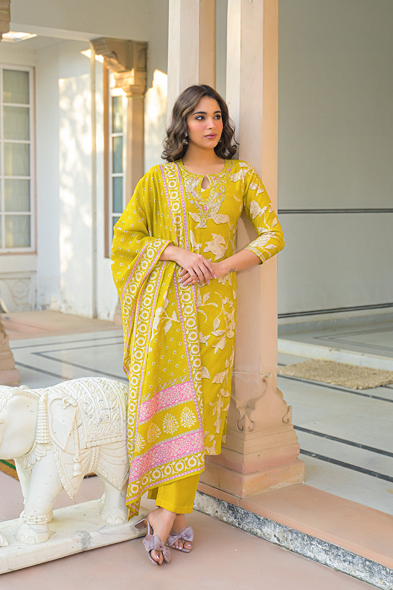 yellow viscose rayon floral printed straight kurta trousers with dupatta
