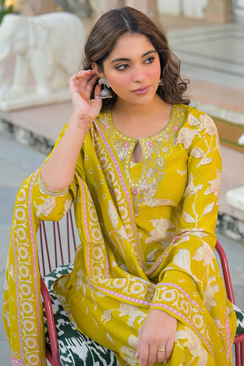 yellow viscose rayon floral printed straight kurta trousers with dupatta