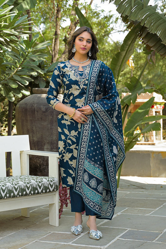 navy blue viscose rayon floral printed straight kurta trousers with dupatta