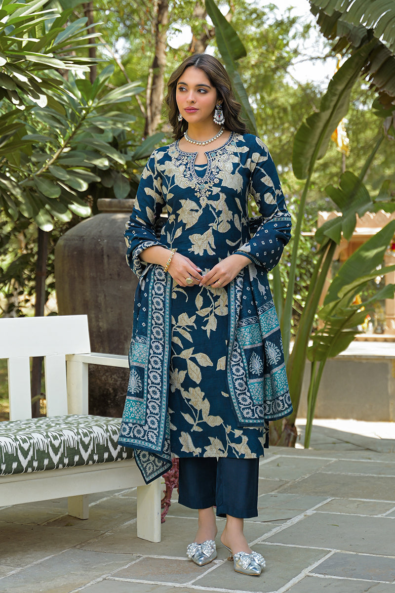 navy blue viscose rayon floral printed straight kurta trousers with dupatta