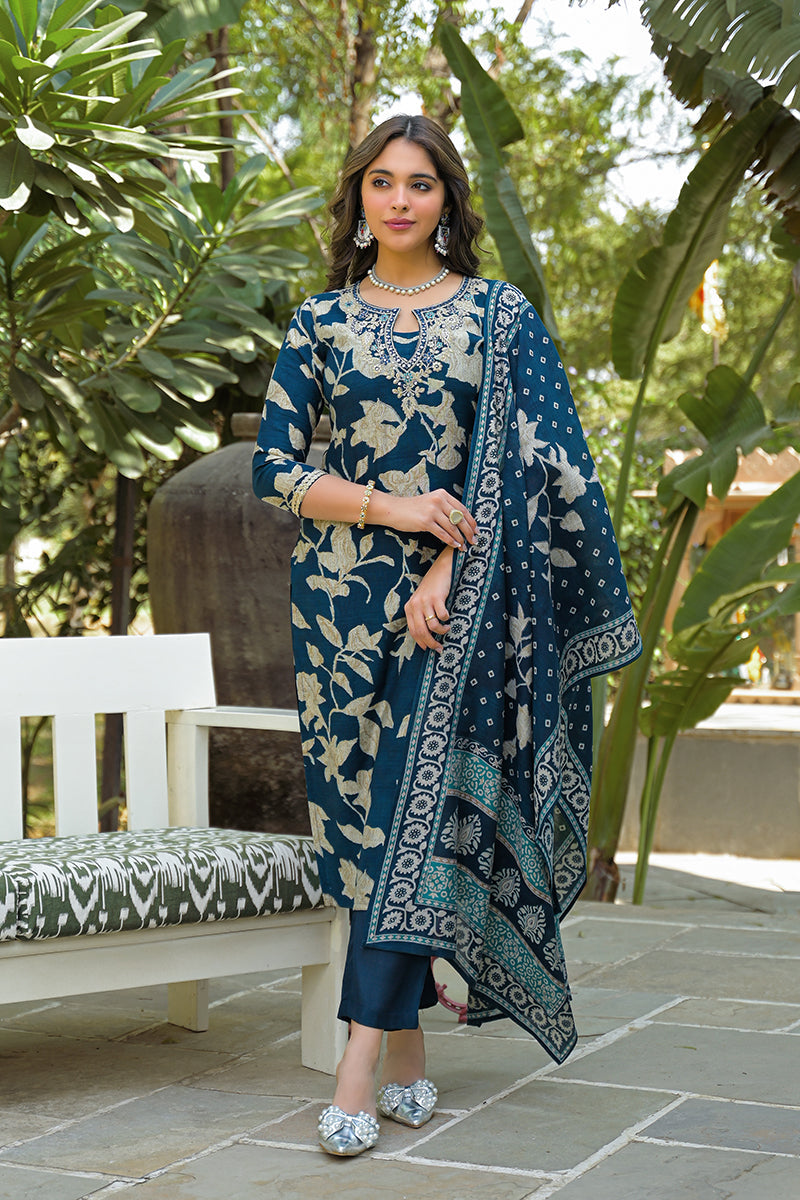 navy blue viscose rayon floral printed straight kurta trousers with dupatta