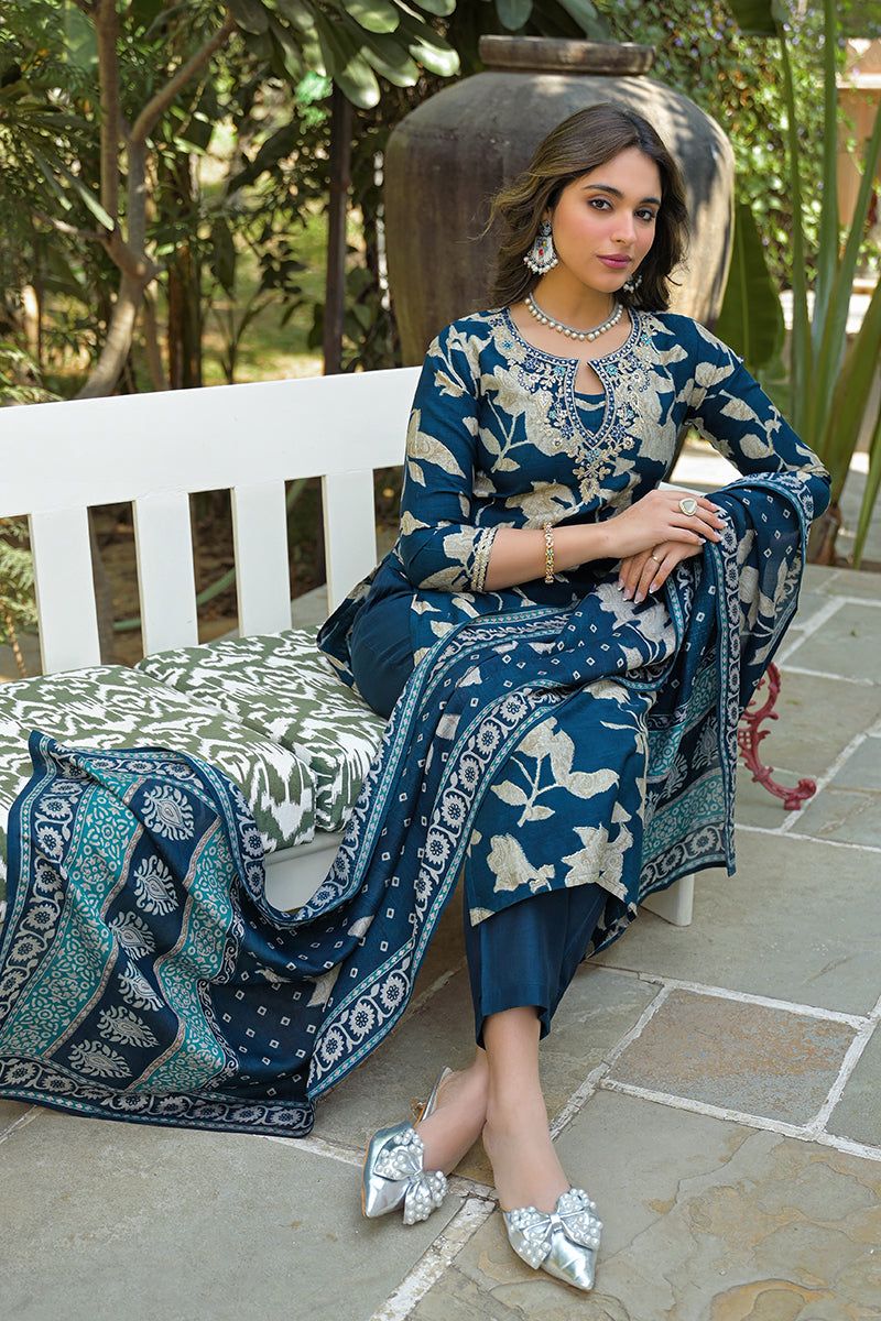 navy blue viscose rayon floral printed straight kurta trousers with dupatta