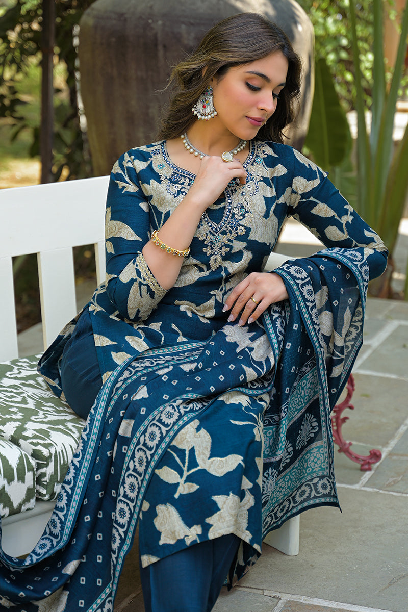 navy blue viscose rayon floral printed straight kurta trousers with dupatta