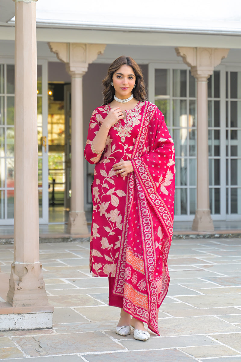 red viscose rayon embroidered straight kurta trousers with dupatta