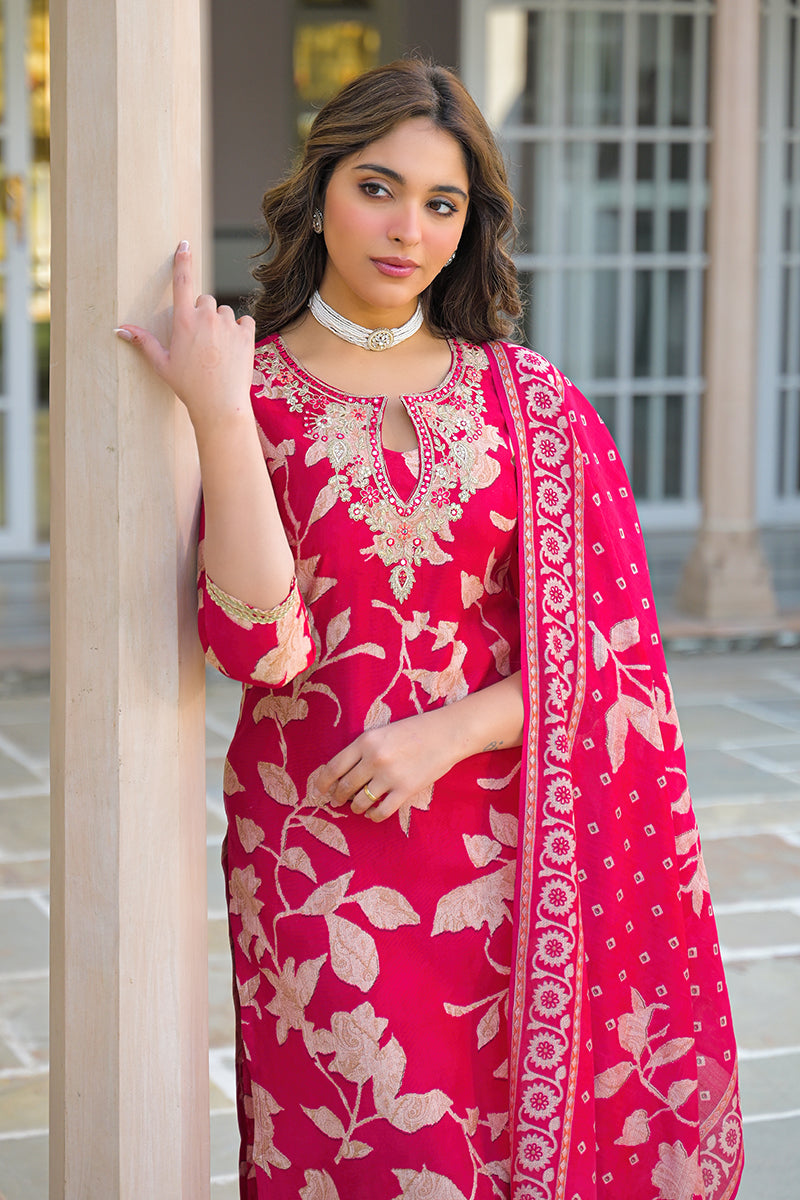 red viscose rayon embroidered straight kurta trousers with dupatta