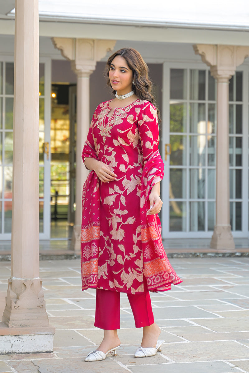 red viscose rayon embroidered straight kurta trousers with dupatta