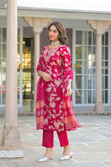 red viscose rayon embroidered straight kurta trousers with dupatta