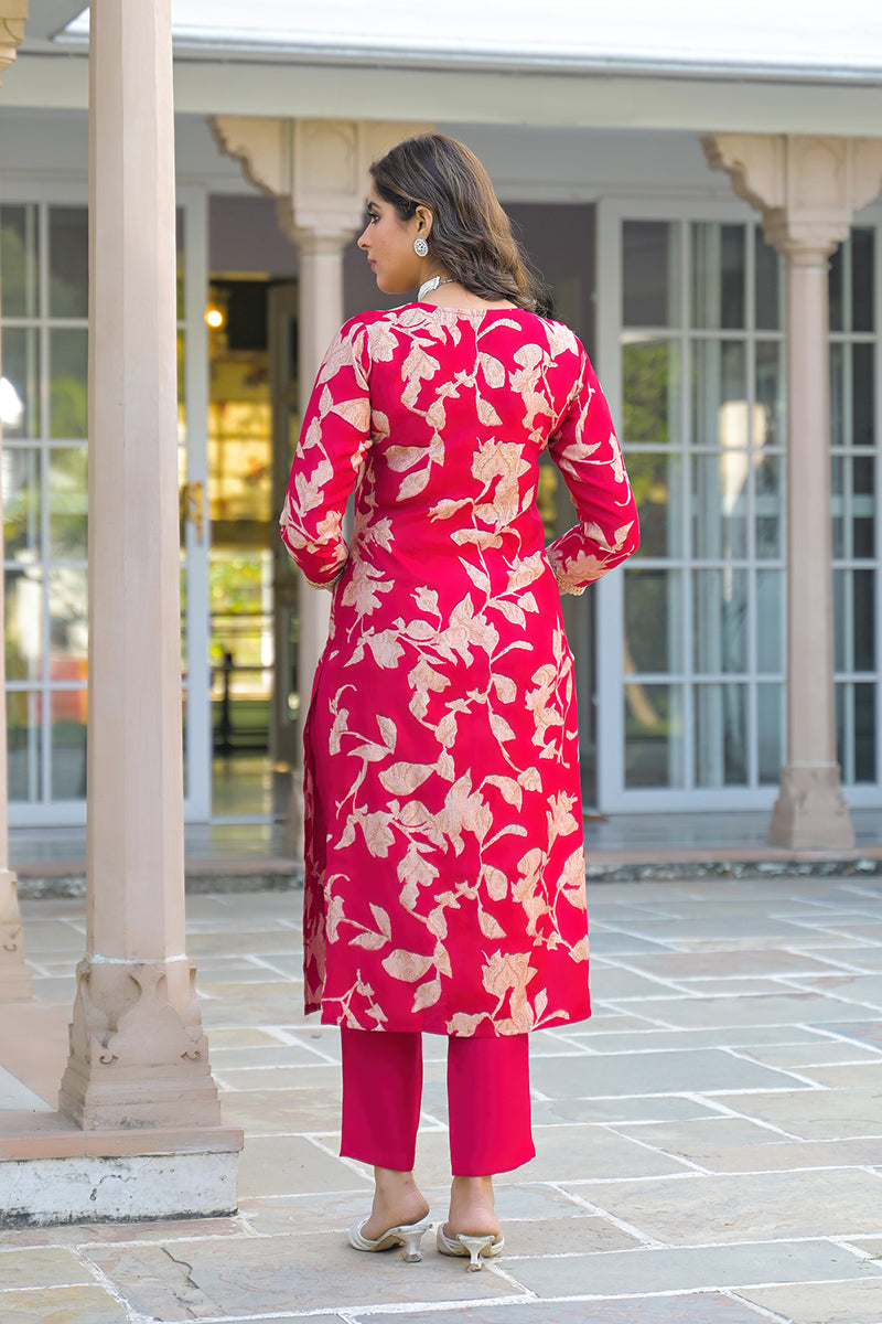 red viscose rayon embroidered straight kurta trousers with dupatta