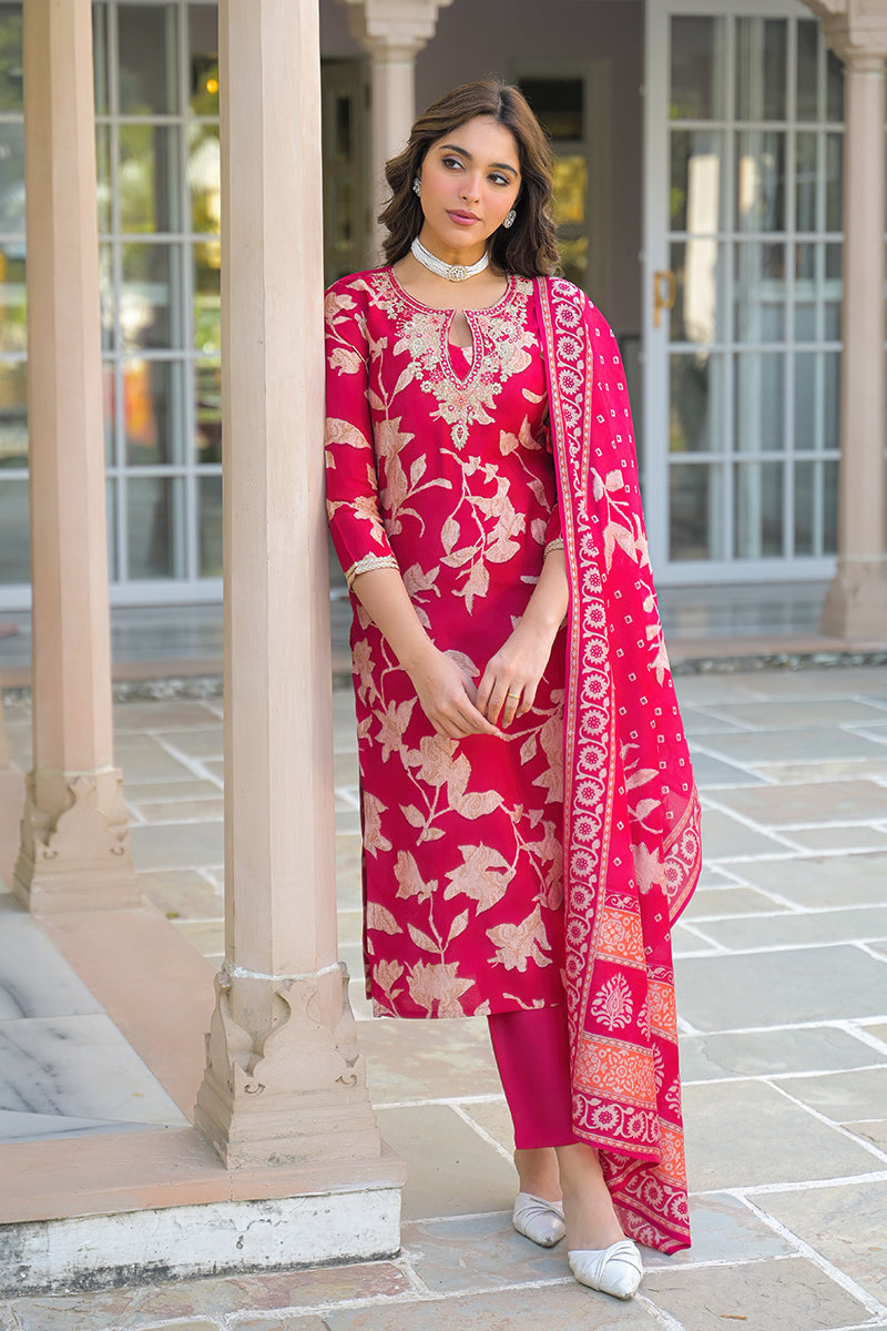 red viscose rayon embroidered straight kurta trousers with dupatta