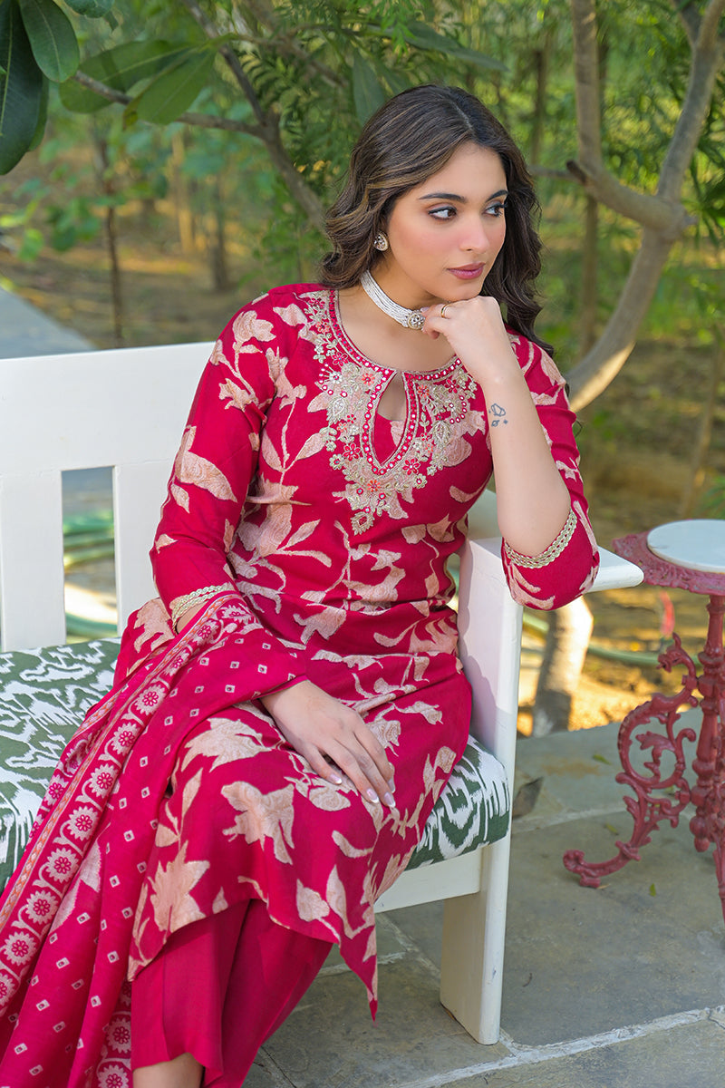 red viscose rayon embroidered straight kurta trousers with dupatta
