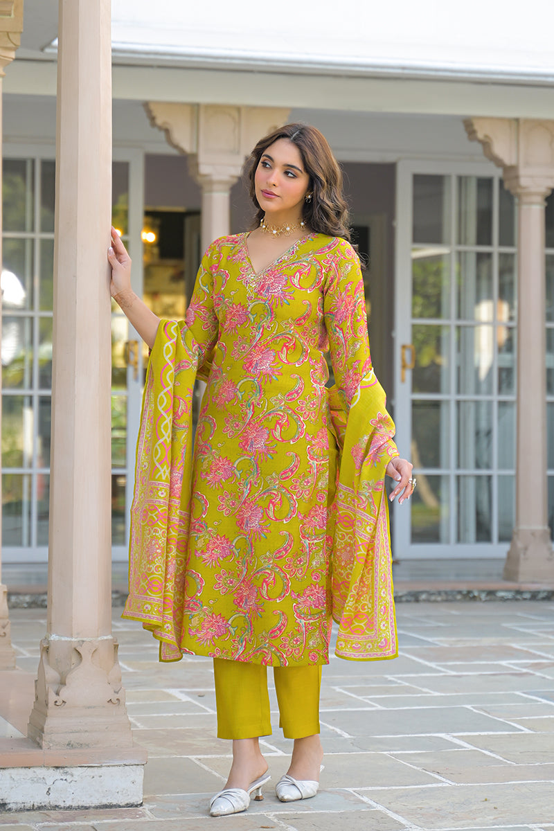 yellow viscose rayon embroidered straight kurta trousers with dupatta 