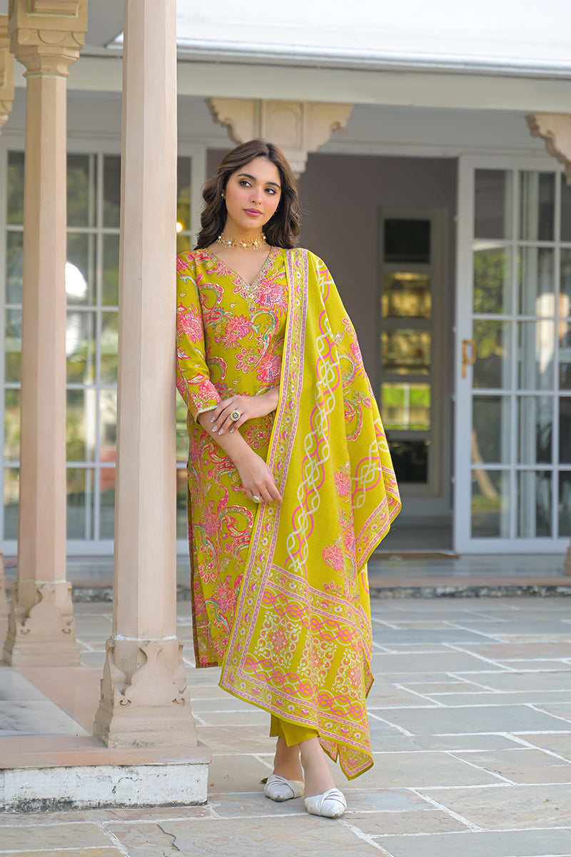 yellow viscose rayon embroidered straight kurta trousers with dupatta 