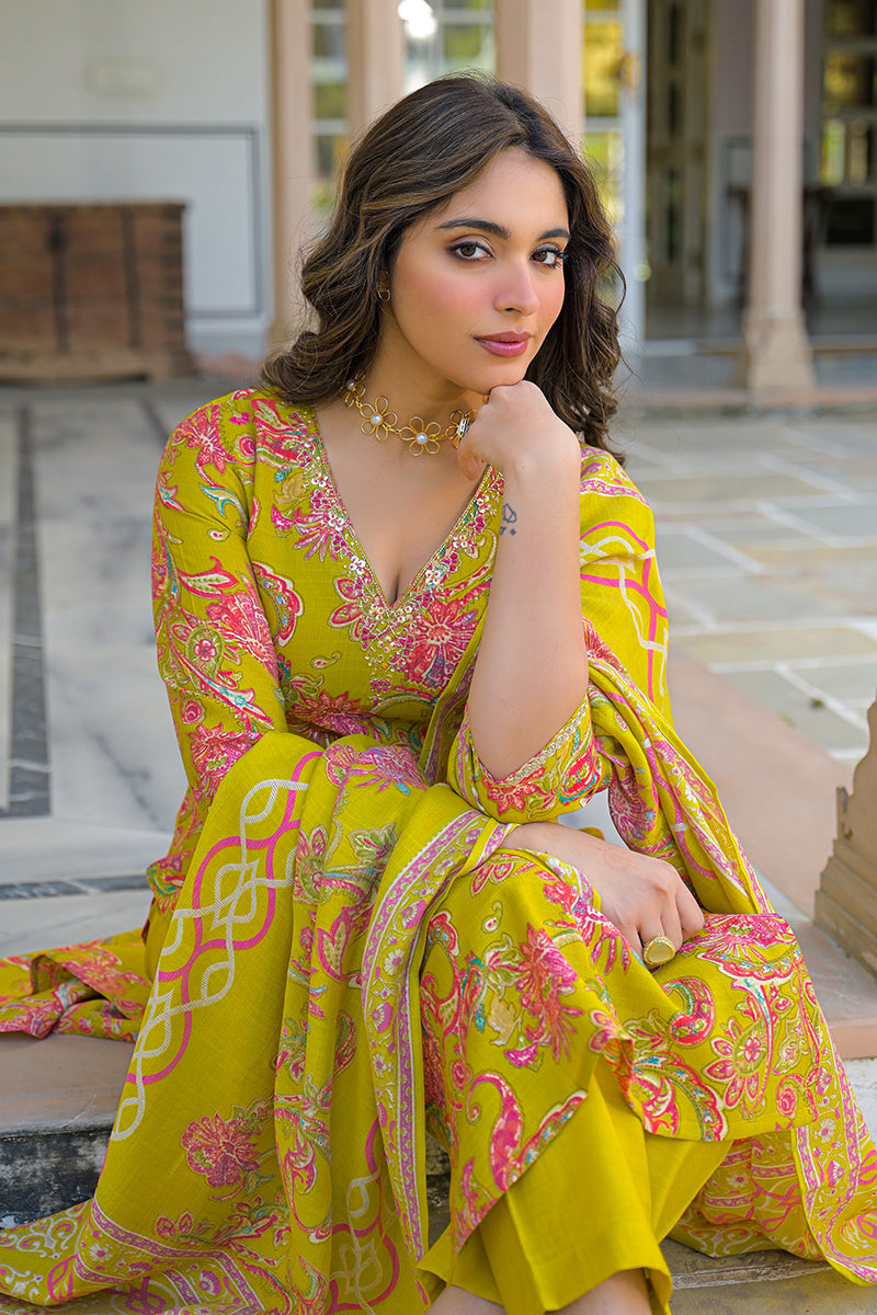 yellow viscose rayon embroidered straight kurta trousers with dupatta 