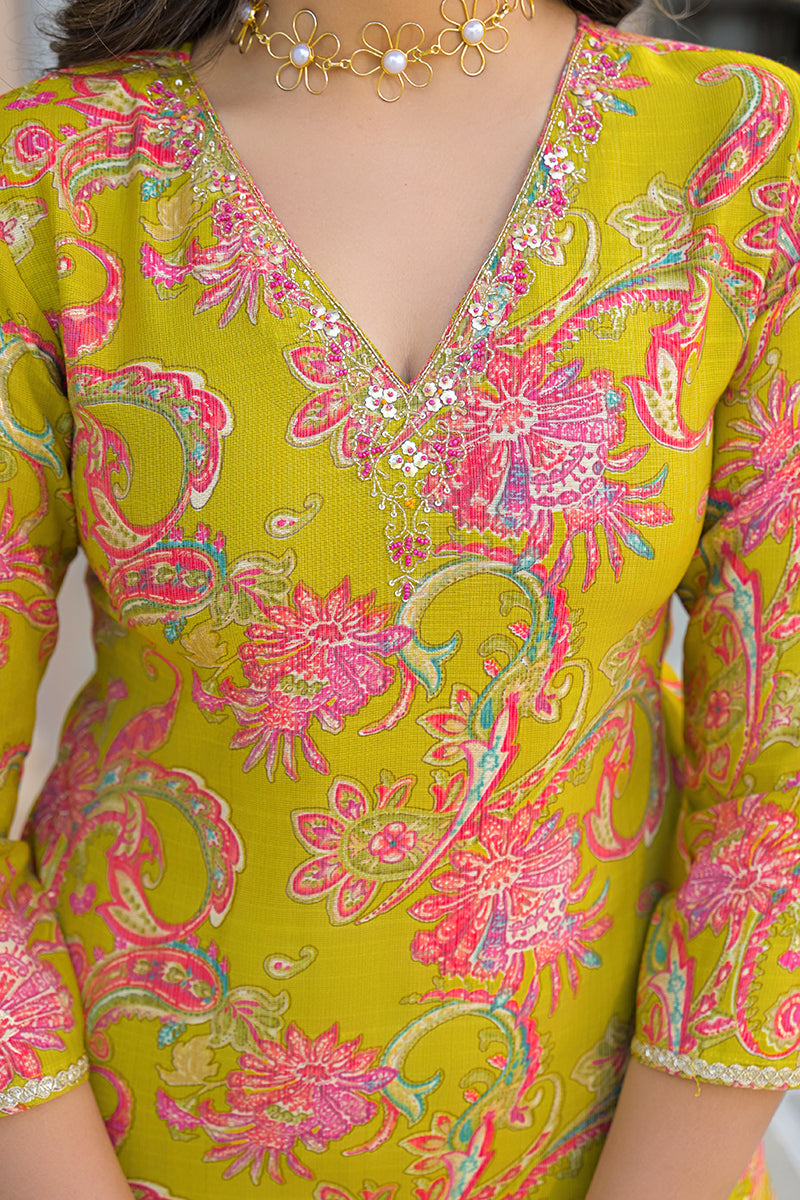 yellow viscose rayon embroidered straight kurta trousers with dupatta 
