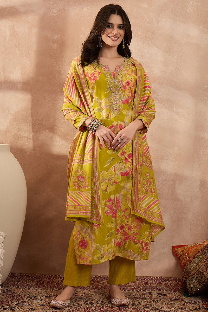Yellow Polyester Floral Printed Straight Kurta Trousers With Dupatta