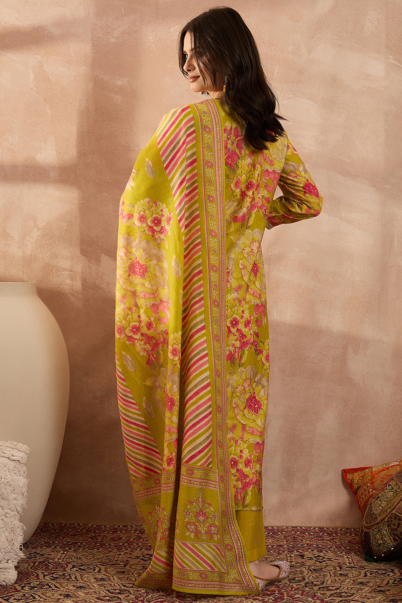 Yellow Polyester Floral Printed Straight Kurta Trousers With Dupatta