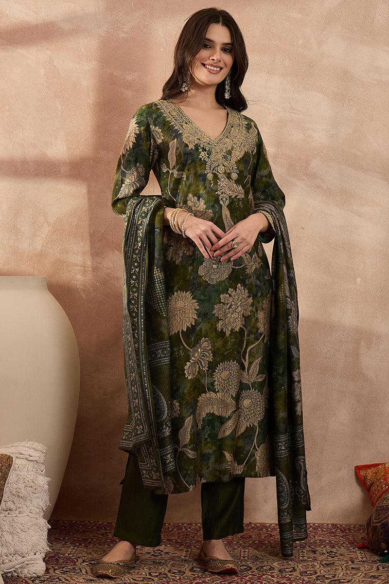 green polyester floral printed straight kurta trousers with dupatta 