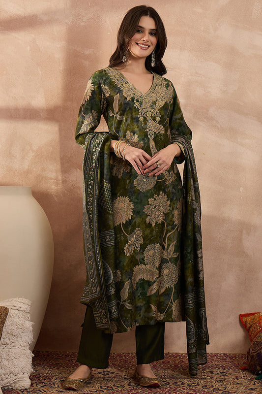 green polyester floral printed straight kurta trousers with dupatta 