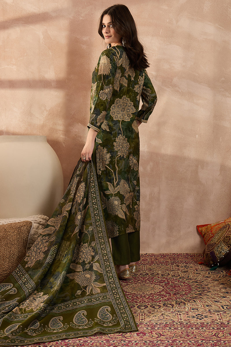 green polyester floral printed straight kurta trousers with dupatta 