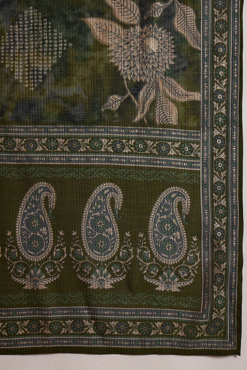 green polyester floral printed straight kurta trousers with dupatta 