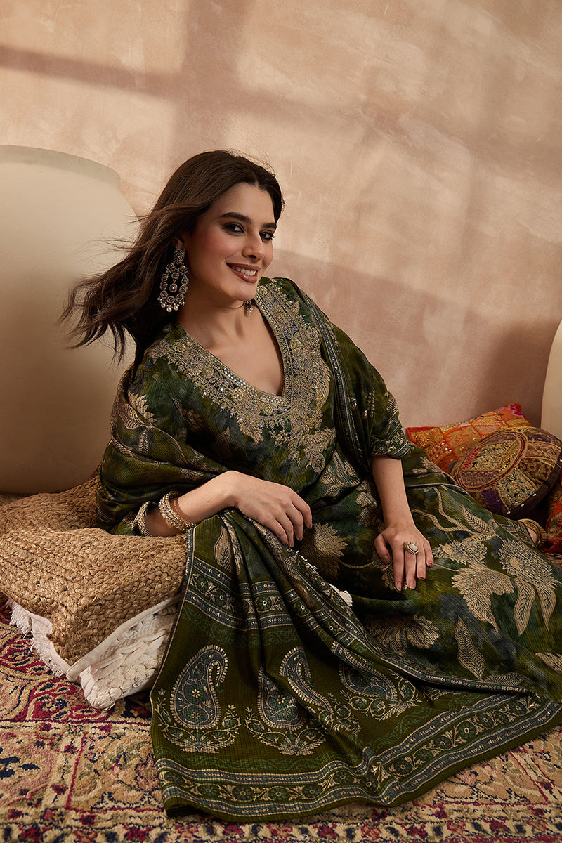 green polyester floral printed straight kurta trousers with dupatta 