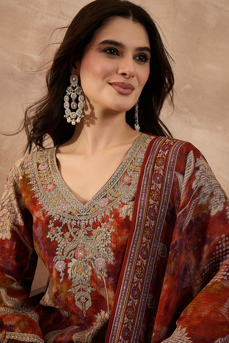 brown-polyester-floral-printed-straight-kurta-trousers-with-dupatta-pkskd3207