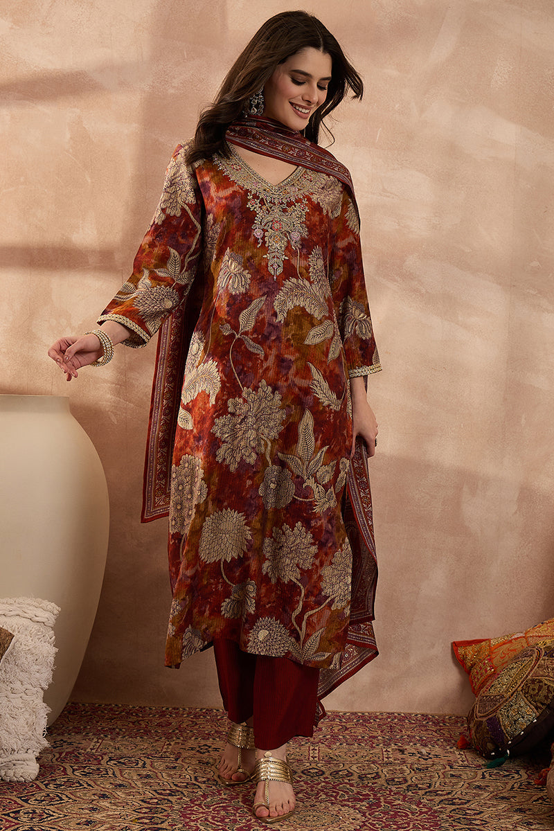 brown-polyester-floral-printed-straight-kurta-trousers-with-dupatta-pkskd3207