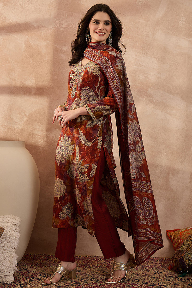 brown-polyester-floral-printed-straight-kurta-trousers-with-dupatta-pkskd3207