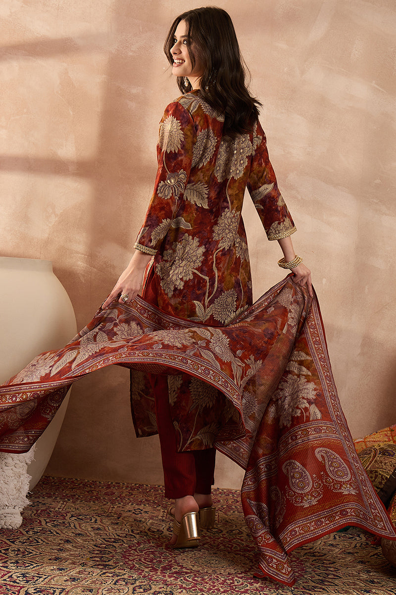 brown-polyester-floral-printed-straight-kurta-trousers-with-dupatta-pkskd3207