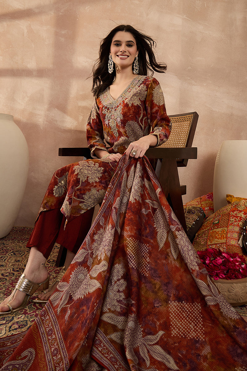 brown-polyester-floral-printed-straight-kurta-trousers-with-dupatta-pkskd3207