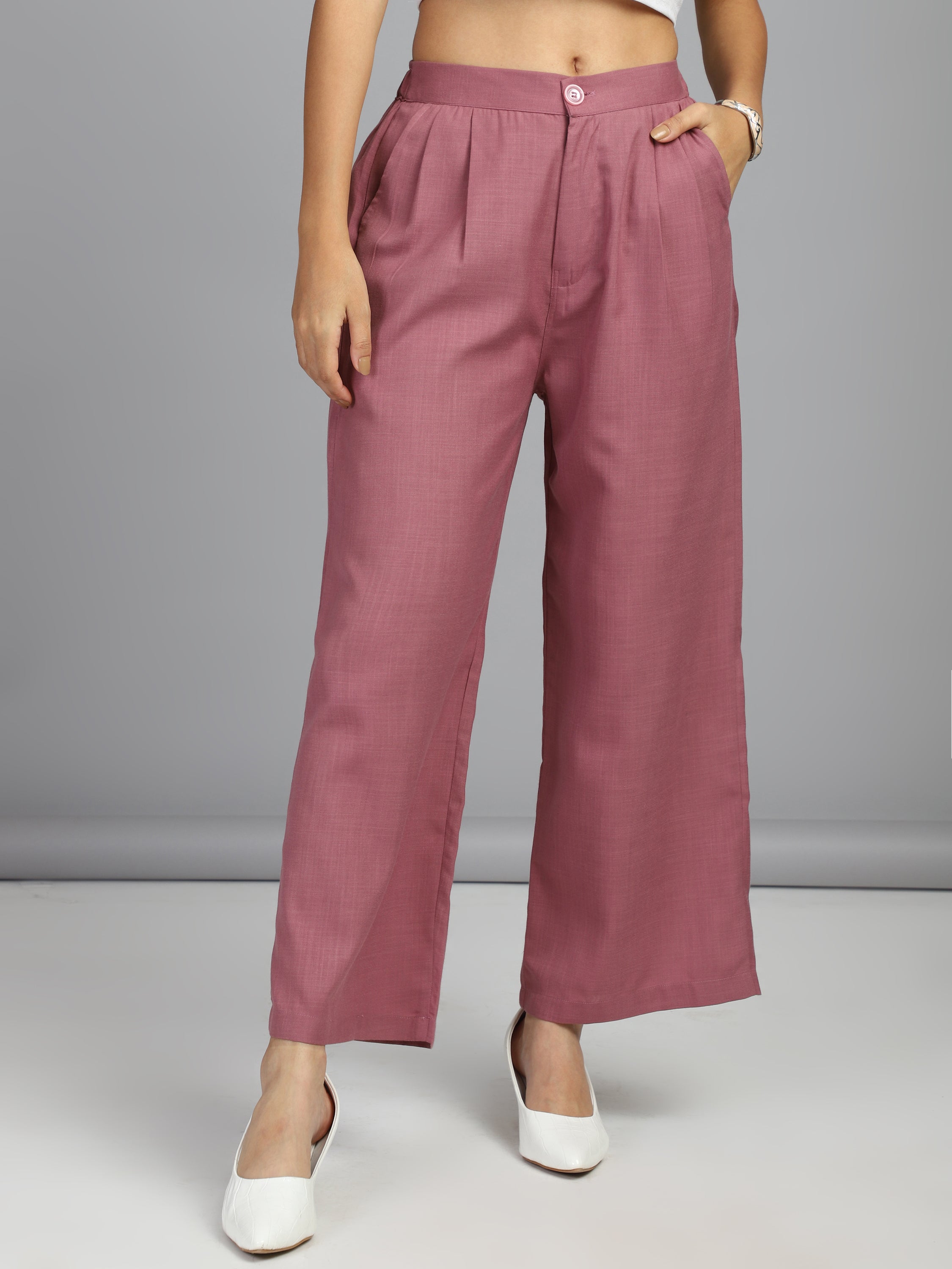 relaxed straight fit high rise pleated trousers