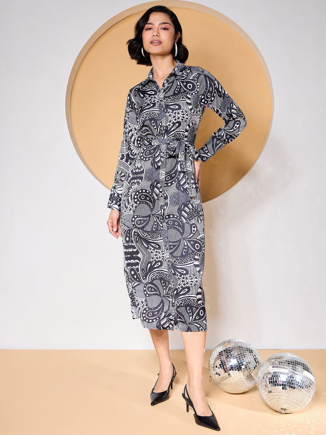Zummer Black Satin Paisley Printed Shirt Dress