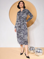 Zummer Black Satin Paisley Printed Shirt Dress