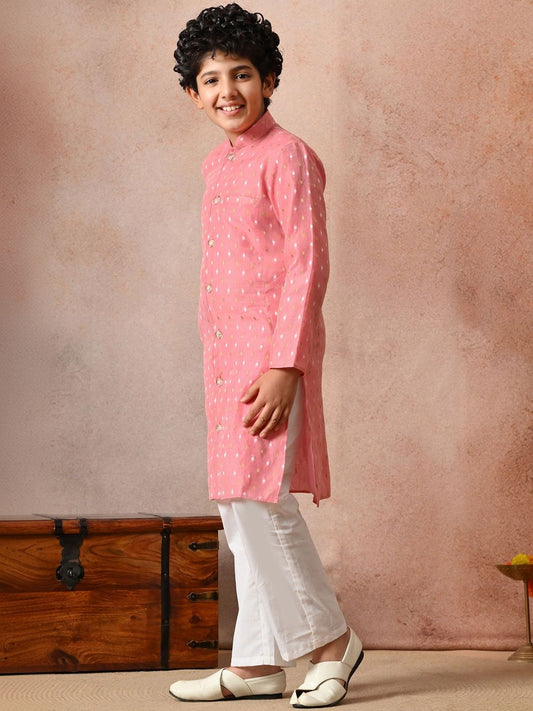 Indi Loom Couture Boys Peach Chanderi Booti Blazer Kurta with Pyjama Set ILBKS36