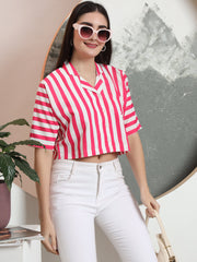 womens solid vertical striped regular fit crop shirt