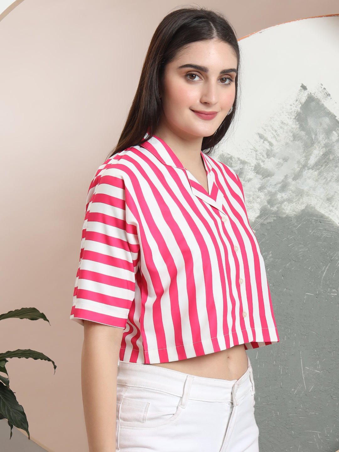 womens solid vertical striped regular fit crop shirt