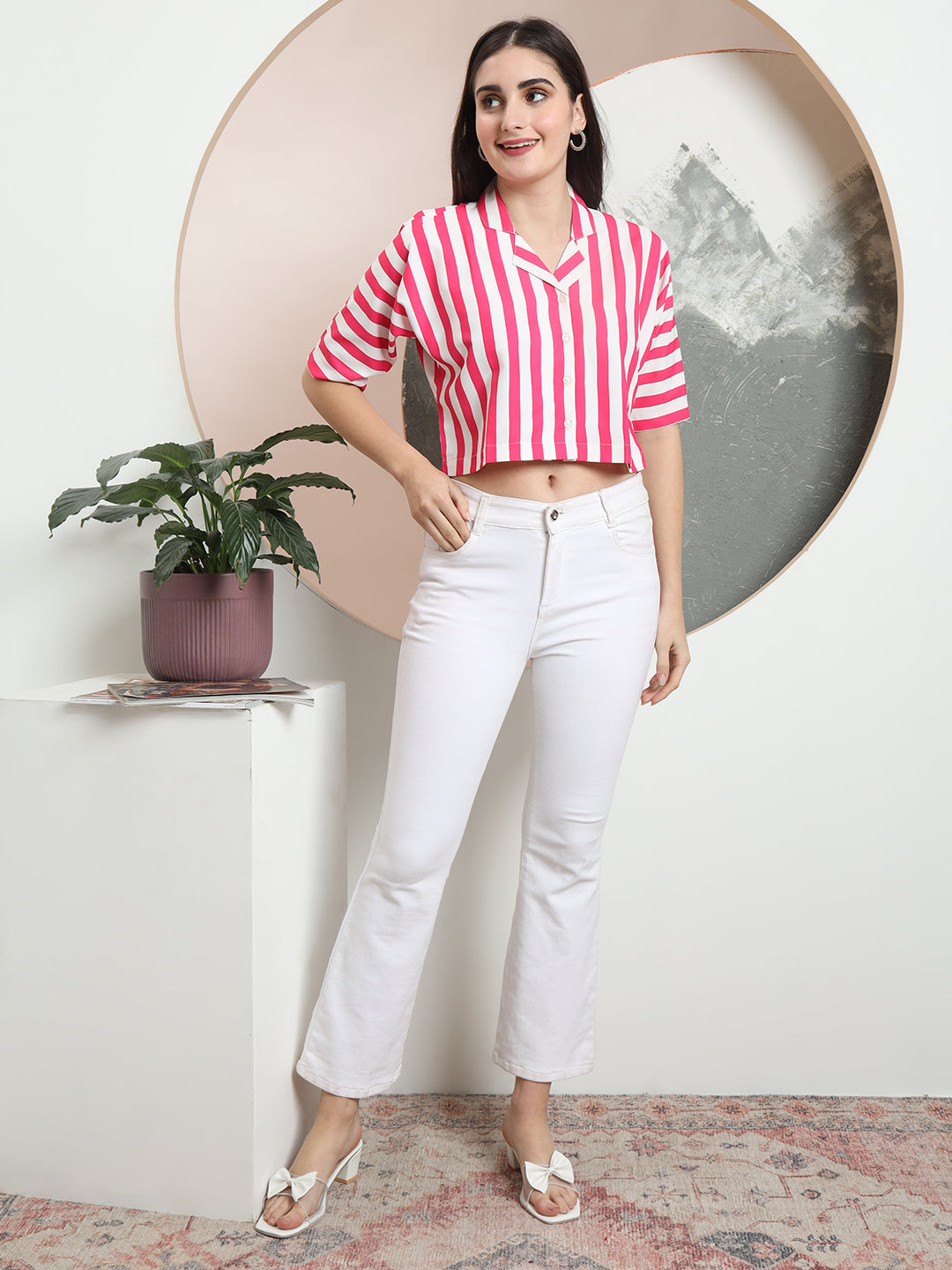 womens solid vertical striped regular fit crop shirt