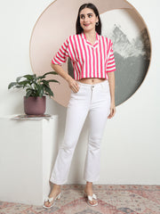 womens solid vertical striped regular fit crop shirt